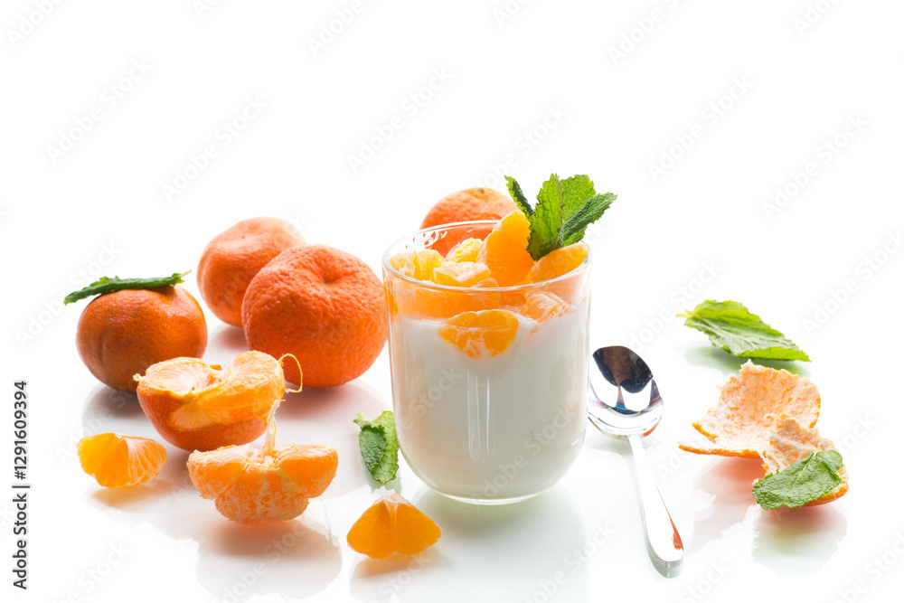 Refreshing dessert with tangerines and yogurt, isolated on white background Refreshing dessert with tangerines and yogurt, isolated on white background