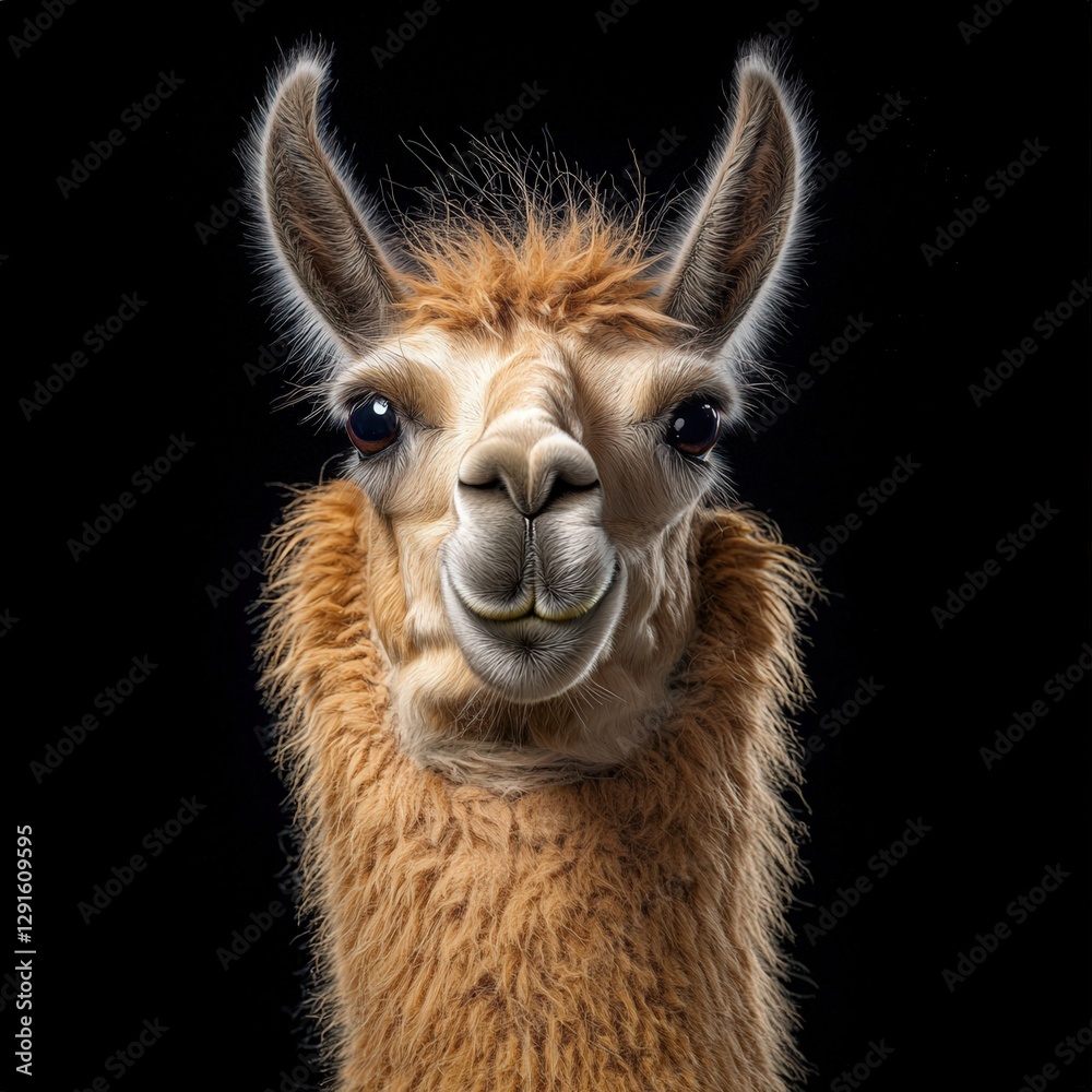 Fototapeta premium Close-up of a fluffy llama against a black backdrop, capturing its endearing features. Symbolizing gentleness and resilience, perfect for animal and nature themes.