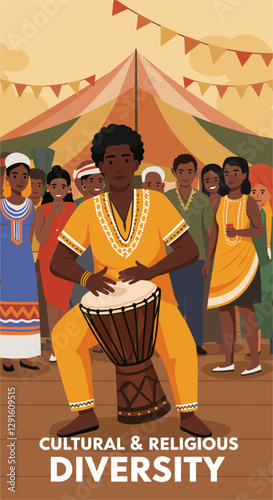 African man wearing traditional clothes playing djembe drum at a festival. Colorful flat style vector. Cultural and religious diversity