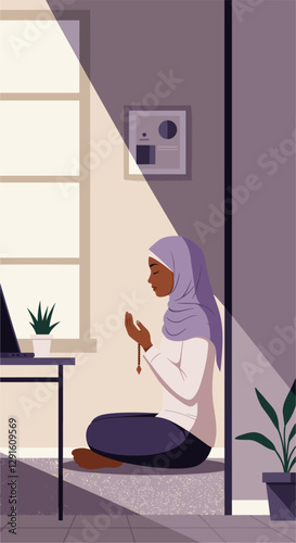 Muslim woman praying in a quiet corner of her office. Flat design vector