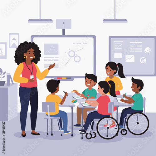 Curly-haired Latina teacher teaching children with disabilities in modern classroom. Minimalist flat design illustration
