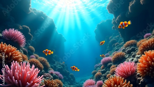 A resplendent and teeming society of aquatic creatures thrives harmoniously amidst vibrant tapestry of life that adorns coral reef, where an array of species and schools create a lively and bustling