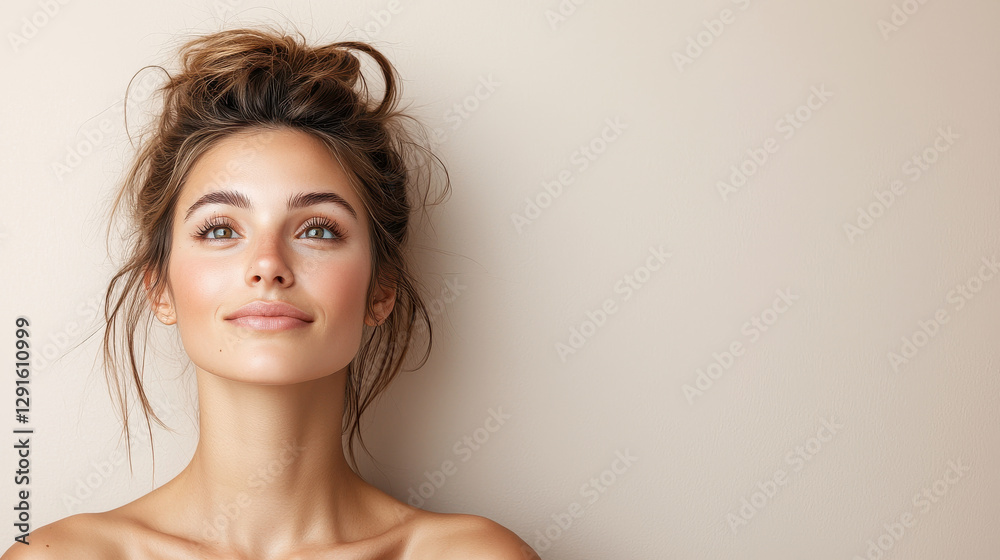 custom made wallpaper toronto digitalyoung woman with natural look poses against neutral background, showcasing her radiant skin and expressive eyes. Her hair is styled in casual updo, adding to relaxed vibe