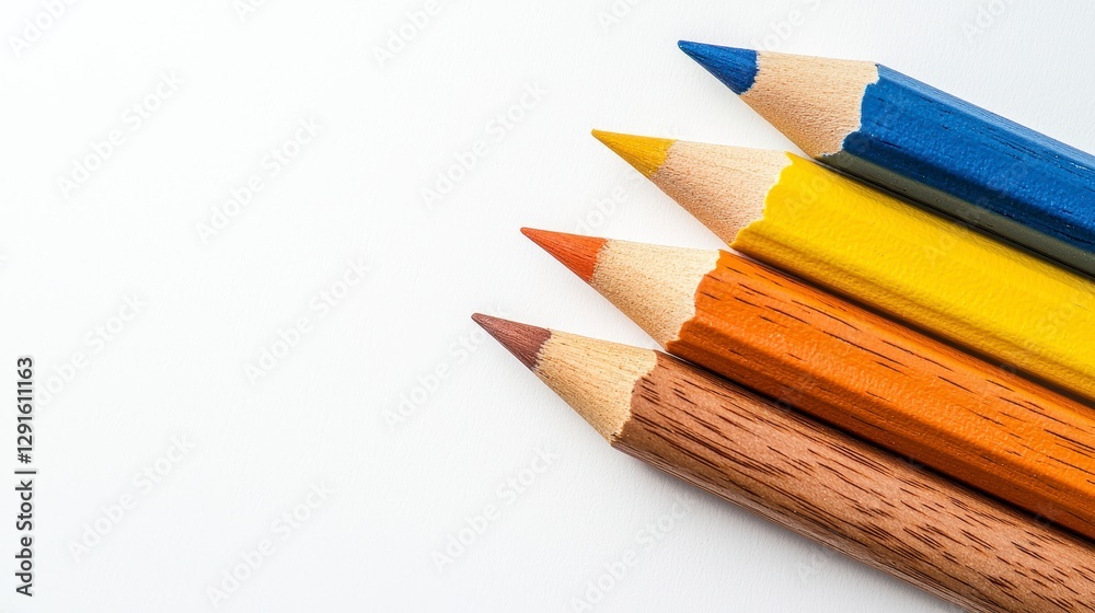 Fototapeta premium Closeup Of Brown Orange Yellow Blue And Reddish Brown Colored Pencils On White Background