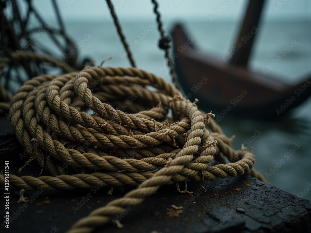 Fototapeta premium Old, Frayed Rope on a Weathered Wooden Dock, Dramatic Cinematic Lighting, High-Contrast Texture, Salt Residue and Moss, Misty Ocean and Rusted Anchor in the Background, Maritime Aesthetic