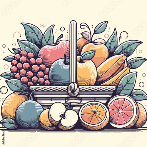 Abundant basket filled with assorted fruits, vibrant illustration, fresh design, copy space