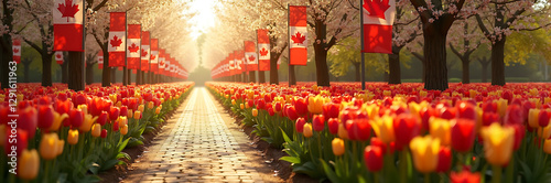 Pathway through tulip garden at the Canadian Tulip Festival with rows of red and yellow flowers on either side, Canadian flag banners hanging along the path, bright spring lighting