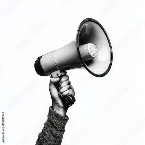 Hand holds a megaphone against a white background, amplifying voices and messages. Ideal for activism, marketing, announcements.