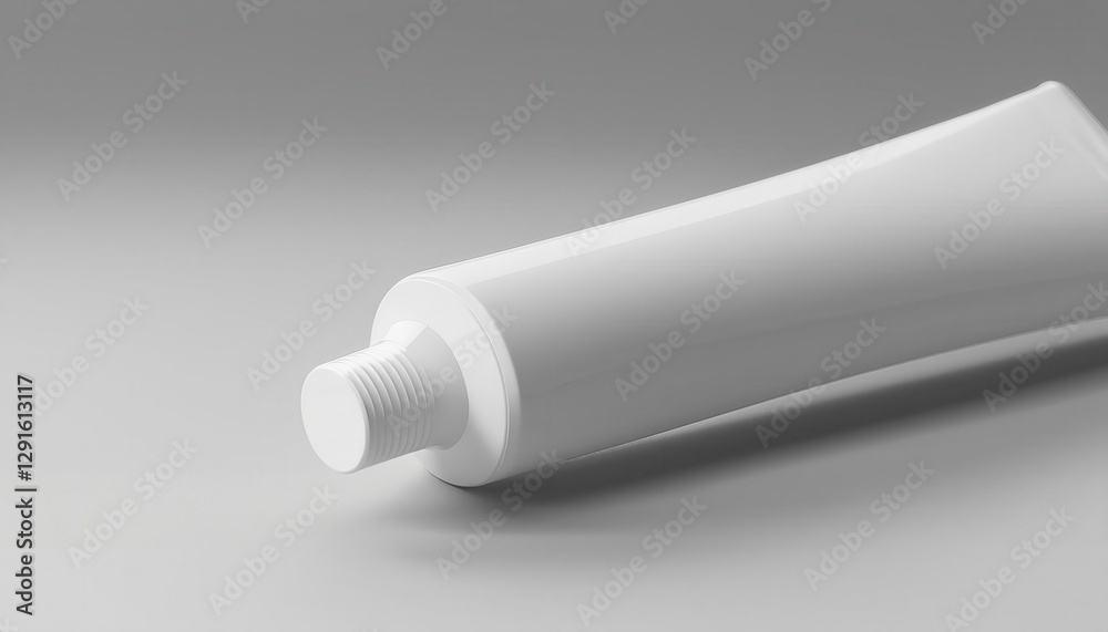 A sleek white tube is positioned at an angle, preparing for dental application and care. A sleek white tube is positioned at an angle, preparing for dental application and care.