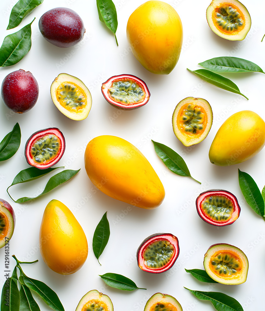 Juicy Mango and Passion Fruit Sections on White Background