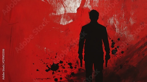Silhouette of a Man Holding Guns on Grunge Red Splatter Background