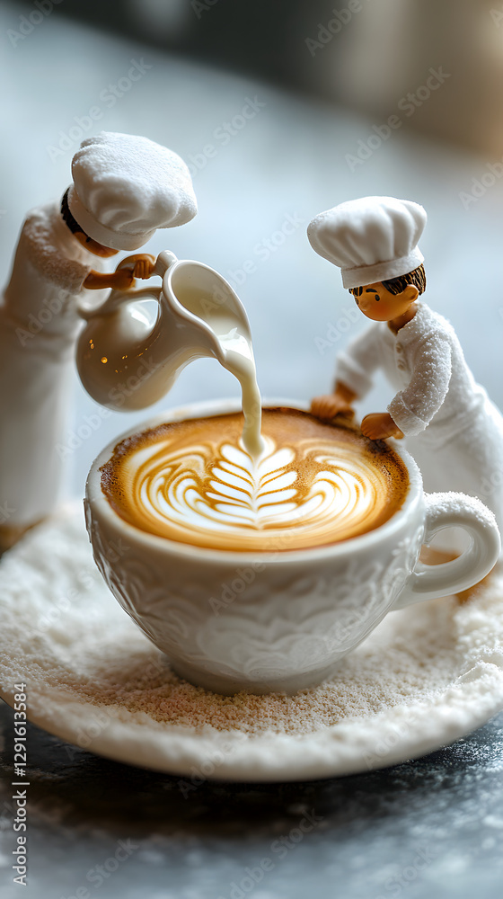 Miniature Baristas Crafting Latte Art on Fresh Coffee