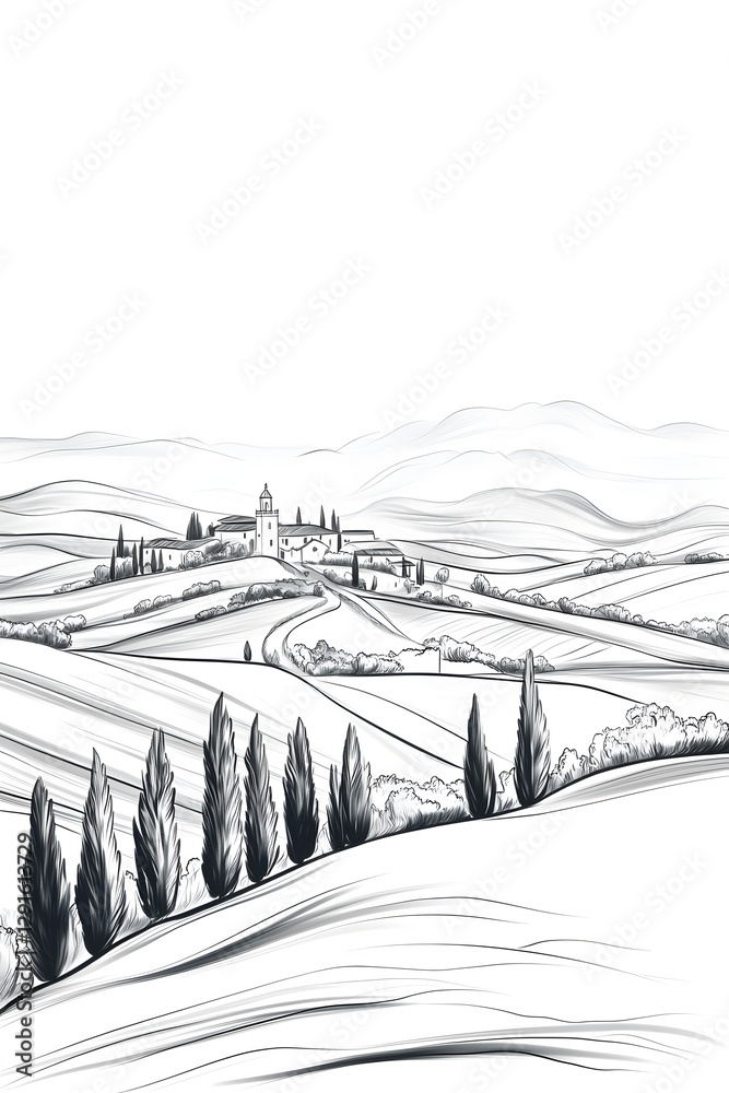 Minimalist Black and White Tuscan Landscape Outline