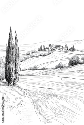 Minimalist Black and White Tuscan Landscape Outline