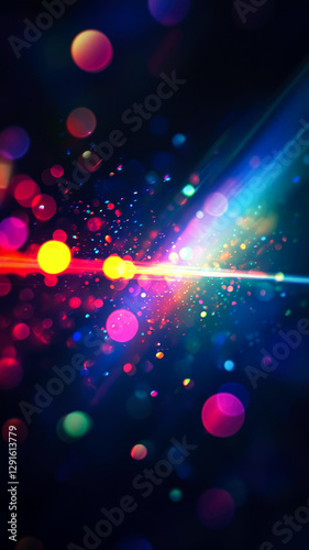 Holographic abstract light refraction with prismatic rainbow flares and sparkling colorful bokeh, glowing sparkles on dark. Dreamy, futuristic energy with colorful starburst effects. Generative ai