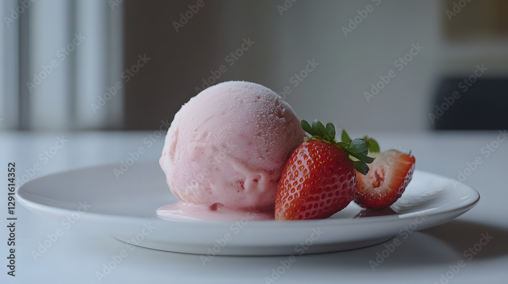 Photorealistic Strawberry Ice Cream with Fresh Strawberries