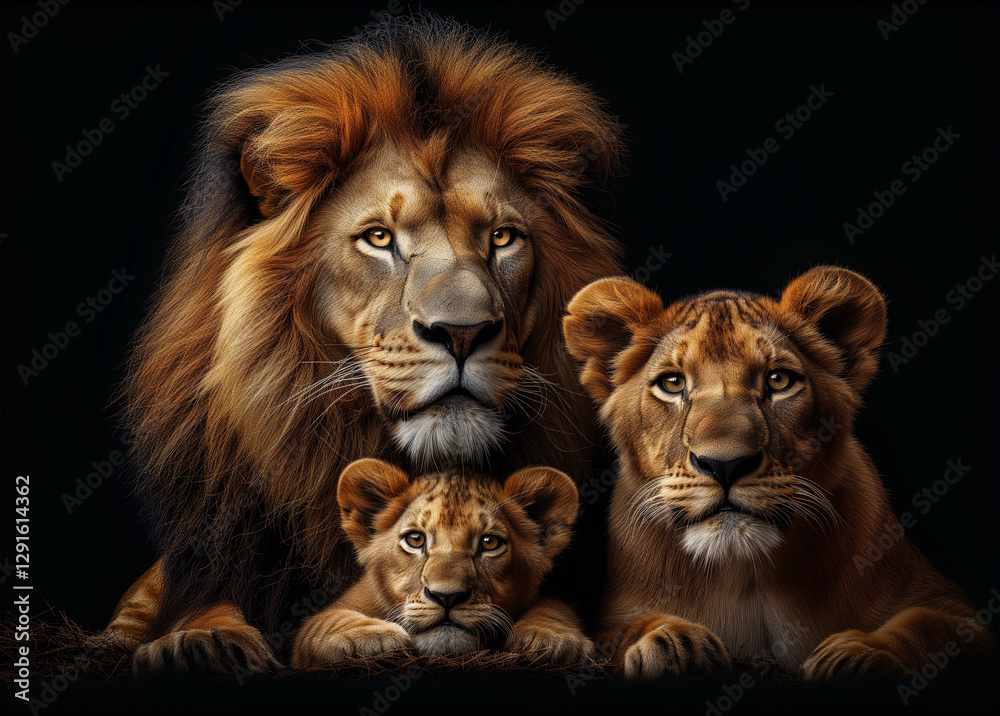 Obraz premium Family of lions with a lion, a lioness, and several cubs. Representing the strength, resilience, and love.