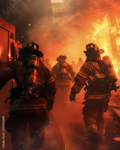 Brave firefighters in full protective gear rushing towards a burning building, thick smoke and firetruck in the background, dramatic lighting