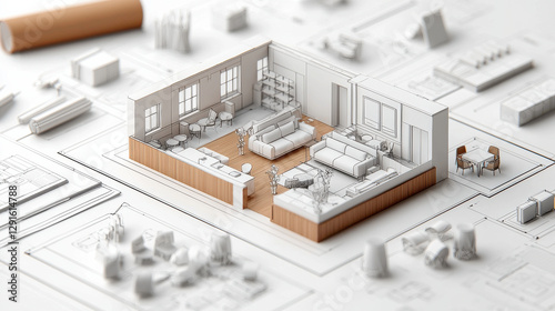 detailed 3D blueprint of luxury hotel room showcasing modern furniture and layout. design features living area, kitchen, and dining space, emphasizing elegance and comfort