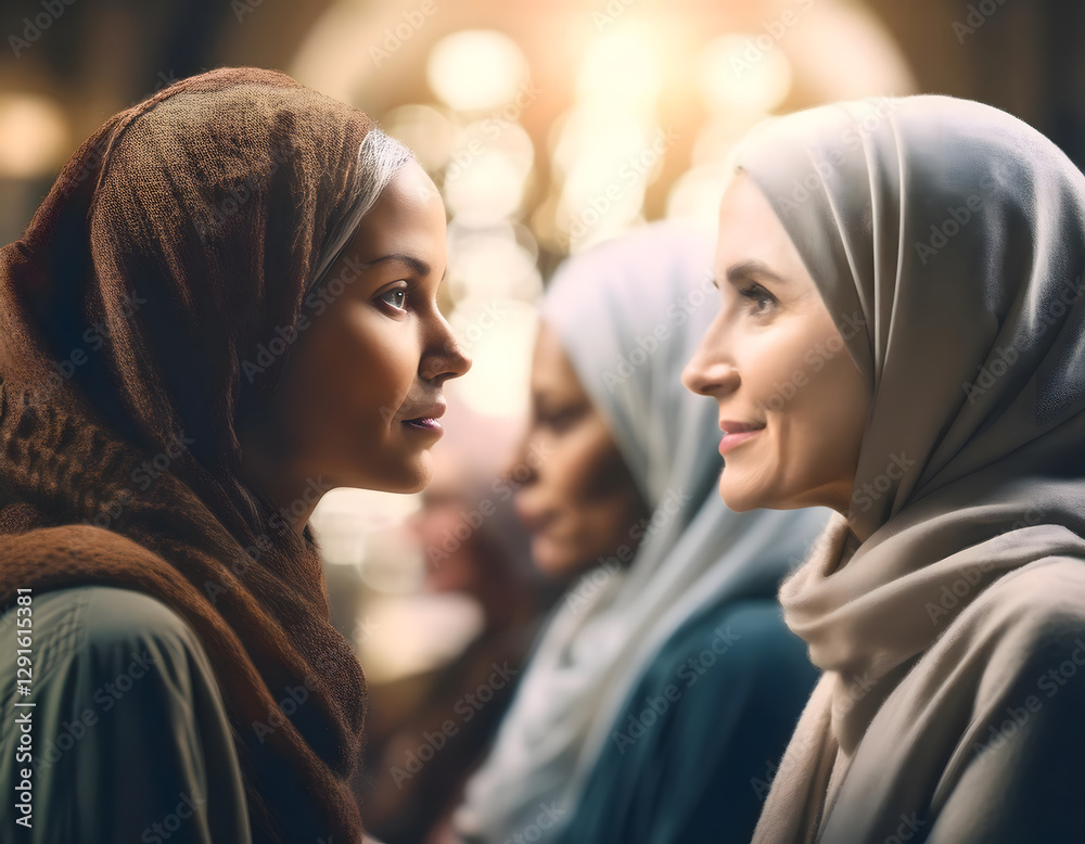 Two women in headscarves gaze warmly at each other, soft smiles hinting at a gentle conversation in a gathering Two women in headscarves gaze warmly at each other, soft smiles hinting at a gentle conversation in a gathering