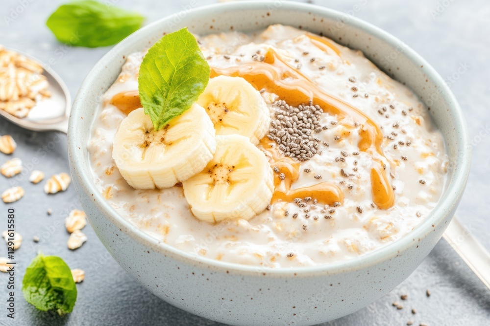 High Resolution Image of Overnight Oats with Banana and Chia Seeds High Resolution Image of Overnight Oats with Banana and Chia Seeds