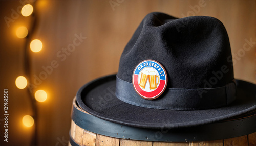 Traditional Oktoberfest hat on a wooden barrel with festive lights for event promotions, blogs, websites, greeting cards, and cultural celebrations related to Oktoberfest photo