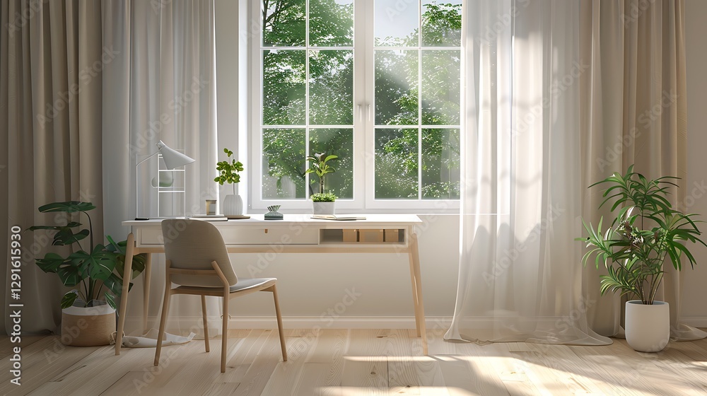 Fototapeta premium Modern Empty Home Office Room Interior With Blank Wall, Computer, Table, Bookshelf Mockup Frame -Ai