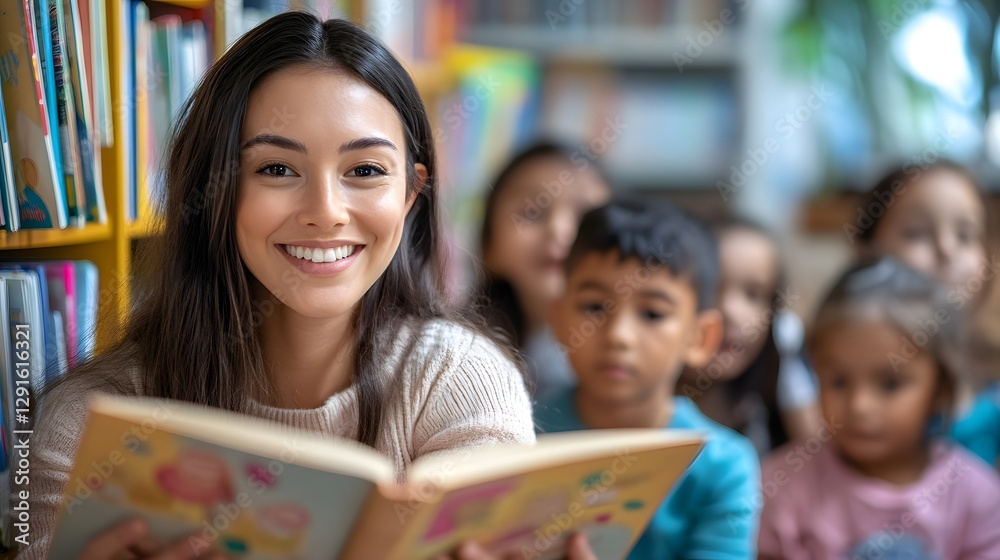 Reading with Joy: A smiling teacher captivates a group of young children with a vibrant storybook, fostering a love for reading amidst a colorful library. Reading with Joy: A smiling teacher captivates a group of young children with a vibrant storybook, fostering a love for reading amidst a colorful library.