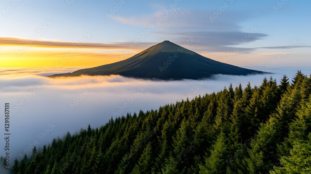 Fototapeta premium Scenic Sunrise Over Majestic Mountain Peak Amidst Forest and Clouds