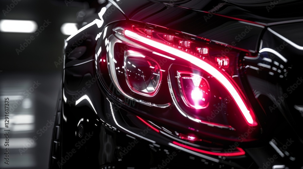 Red headlights of a modern car glowing in darkness, creating a dramatic and stylish atmosphere Red headlights of a modern car glowing in darkness, creating a dramatic and stylish atmosphere