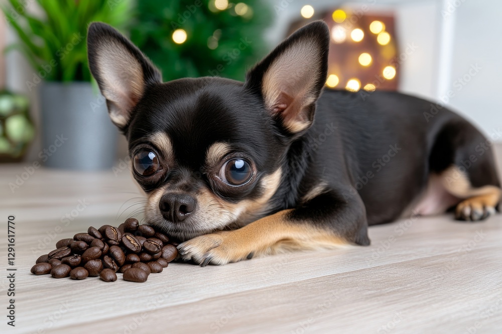 A small beige Chihuahua dog lying on the floor with bokeh lights in the background, eating small black coffee beans, shot from the front view, studio photography, warm lighting, professional A small beige Chihuahua dog lying on the floor with bokeh lights in the background, eating small black coffee beans, shot from the front view, studio photography, warm lighting, professional