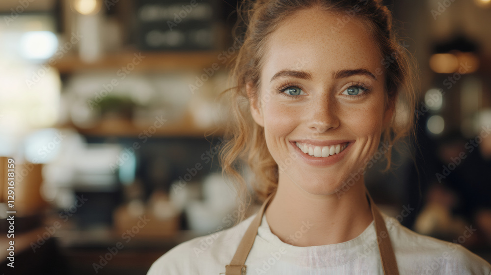 Smiling young woman with freckles working on laptop at cozy cafe table