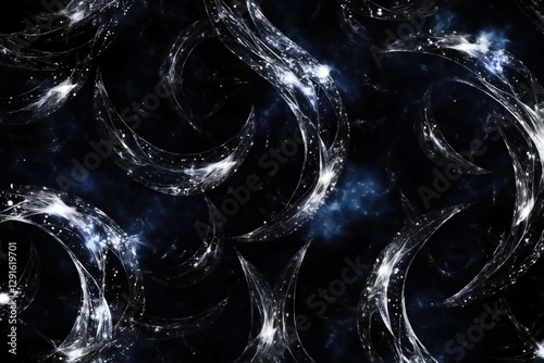 A mesmerizing abstract pattern featuring swirling shapes and sparkling elements against a dark background, evoking a sense of cosmic wonder.