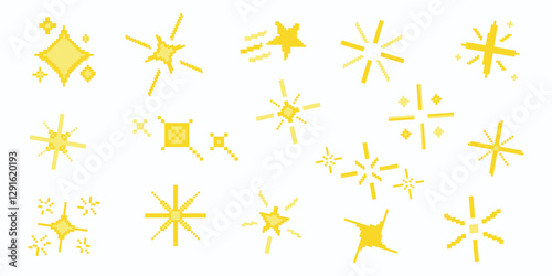 Set of pixel art star, sparkle, starburst. Shiny retro game effect. 8 bit firework burst, space decoration. Bright yellow shining sparkles. 2D sprite sheet.