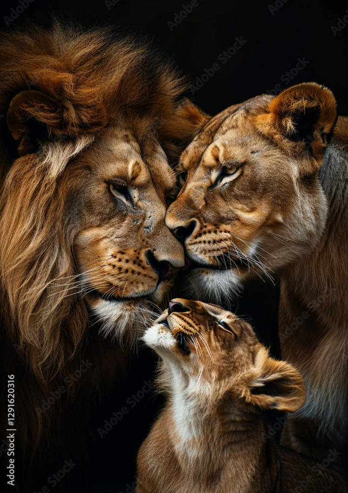 Fototapeta premium Family of lions with a lion, a lioness, and several cubs. Representing the strength, resilience, and love.