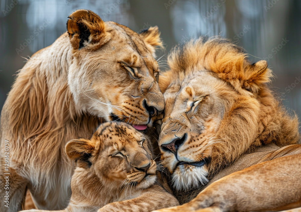 Fototapeta premium Family of lions with a lion, a lioness, and several cubs. Representing the strength, resilience, and love.