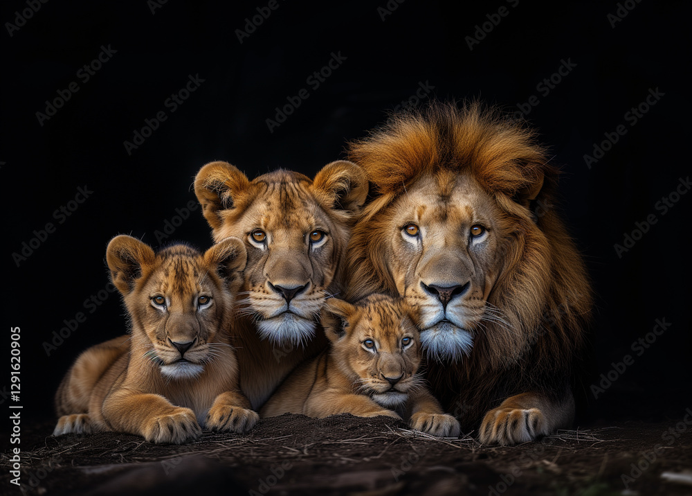 Fototapeta premium Family of lions with a lion, a lioness, and several cubs. Representing the strength, resilience, and love.