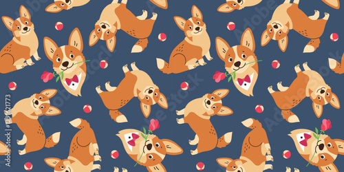 Seamless pattern Welsh Corgi Pembroke dog with flowers and balls. Pets, animals. Background for decoration and textiles