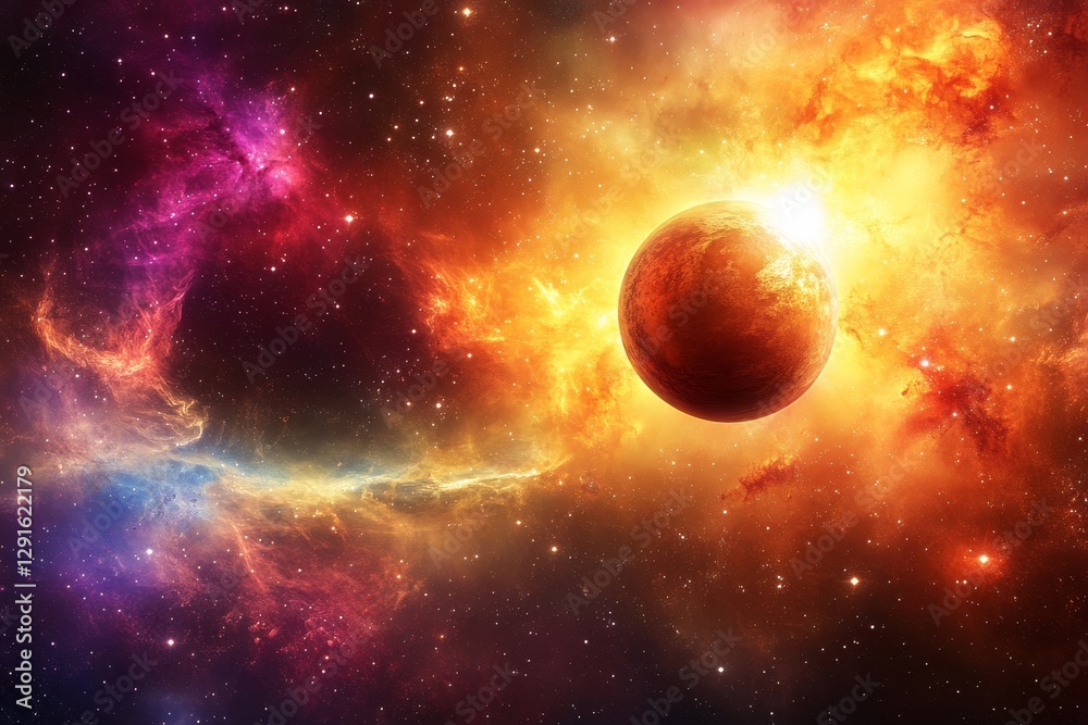 Naklejka premium Spectacular Cosmic Scene of Planet Amid Colorful Nebulae and Stars