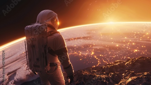 Astronaut gazing at a luminous planet horizon, embodying hope and exploration. photo