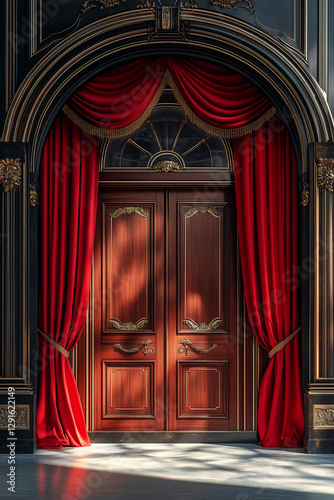 Elegant Grand Entrance with Red Curtains and Luxurious Carpet – Royal Interior with Vintage Door perfect for luxury, theater, royalty, and classic architecture themes.