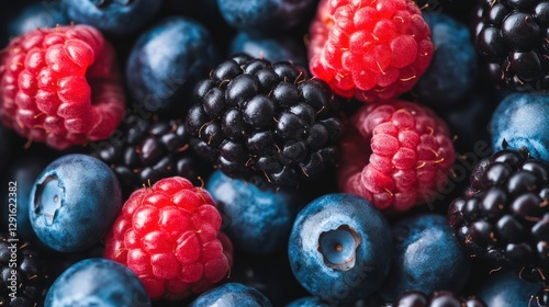Fresh Mixed Berries Close Up Shot Featuring Raspberries and Blueberries