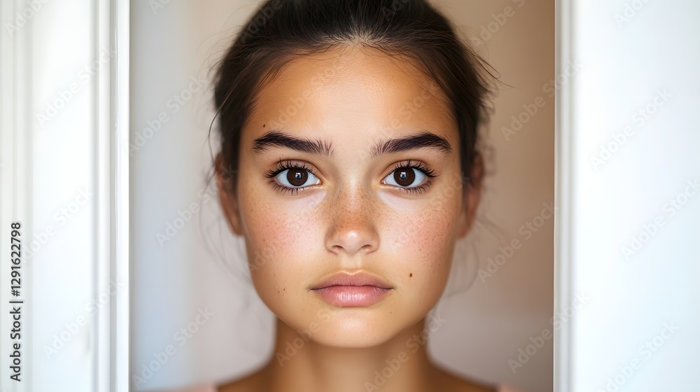 A Young Woman Cautiously Looking Through a Door A Young Woman Cautiously Looking Through a Door