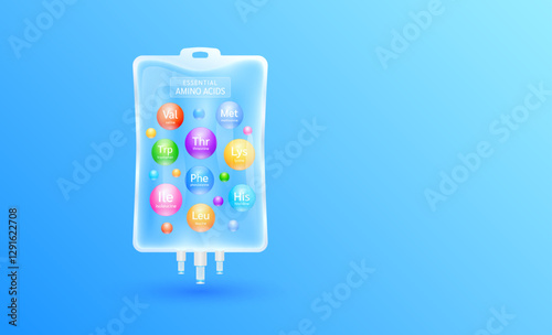 IV Drip essential amino acids complex in transparent saline bag on blue background with empty space for text. Minerals vitamins nutrients supplement for the body and muscles. Banner vector.