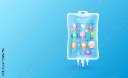 Non essential amino acids complex in transparent saline bag IV drip on blue background with empty space for text. Minerals vitamins nutrients supplement for the body and muscles. Banner vector.