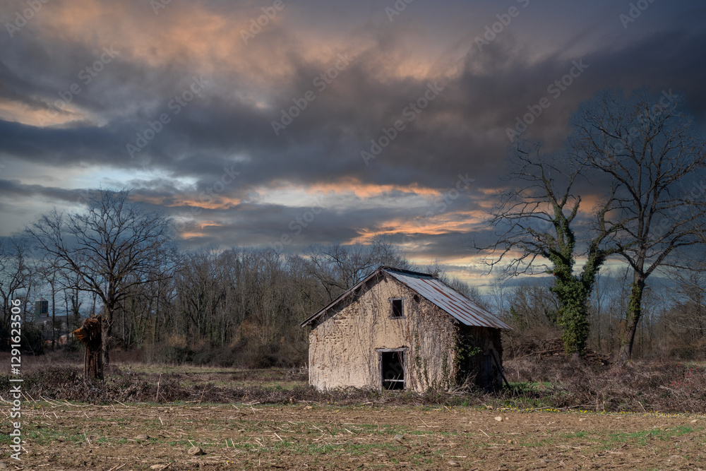 A small, old house sits in a field with a cloudy sky above A small, old house sits in a field with a cloudy sky above