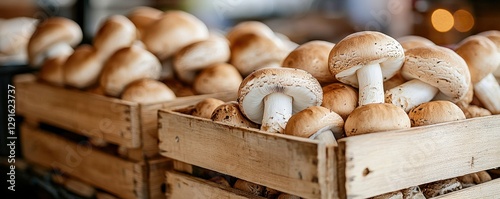 Fresh mushrooms neatly arranged in wooden crates, showcasing their natural colors and textures in a vibrant market setting.