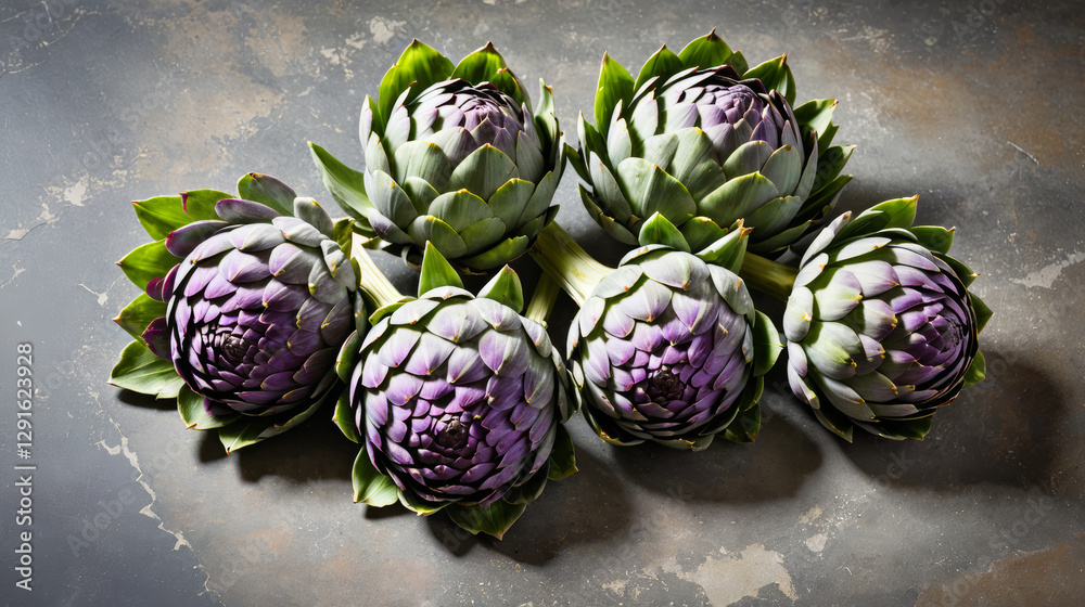 Fototapeta premium Six fresh artichokes with purple tips on textured background for culinary creativity