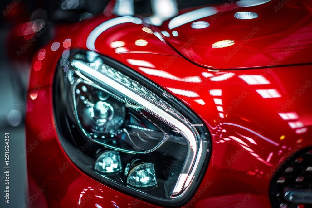 Red headlights of a modern red car glowing in darkness, creating a dramatic and stylish atmosphere Red headlights of a modern red car glowing in darkness, creating a dramatic and stylish atmosphere