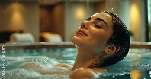 Close up static shot: A young woman relaxes in a jacuzzi at a spa.